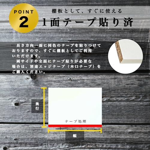 カラー棚板 (両面) オーダー カット 白 ホワイト 厚さ 15mm 奥行 100 ～ 450mm × 幅 100 ～ 900mm 1 ～ 3 枚セット 長さ 1面テープ 処理済み 本棚 食器棚 フリーボード 追加棚板 エンボス サンドボード 自社加工 国内 (1, 奥行100～300mm 幅100～300mm)